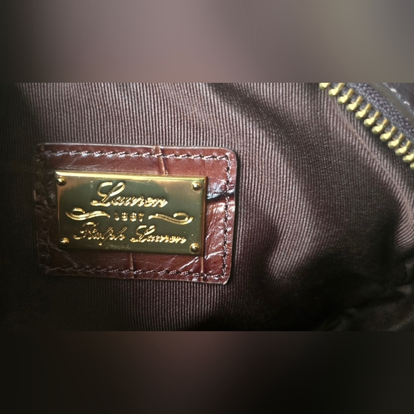 Vintage Brown Lauren Ralph Lauren Croc Embossed Leather Crossbody Gold Hardware - Picture 9 of 16